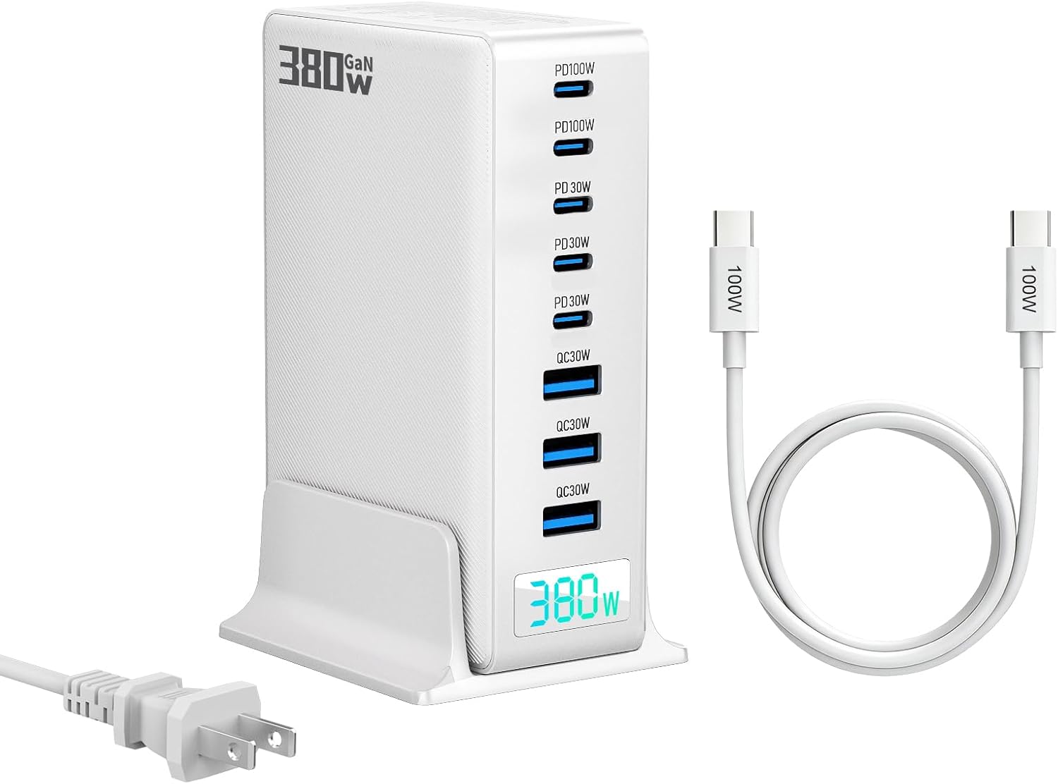 380W GaN III 8-Port Multi-Device USB-C Charger, PD 30W+100W PC Laptop Fast Charging Hub for MacBook/iPhone/iPad/Dell/Steam Deck, w/ 100W Cable, White