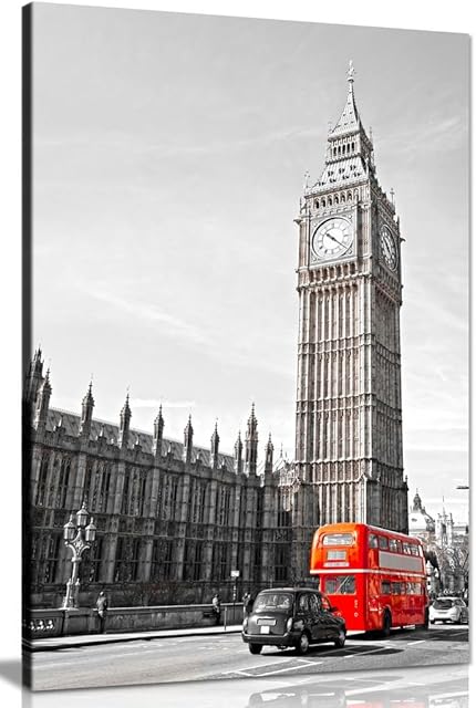 Big Ben London Bus Black White Red Home Canvas Wall Art Picture Print (18x12in)
