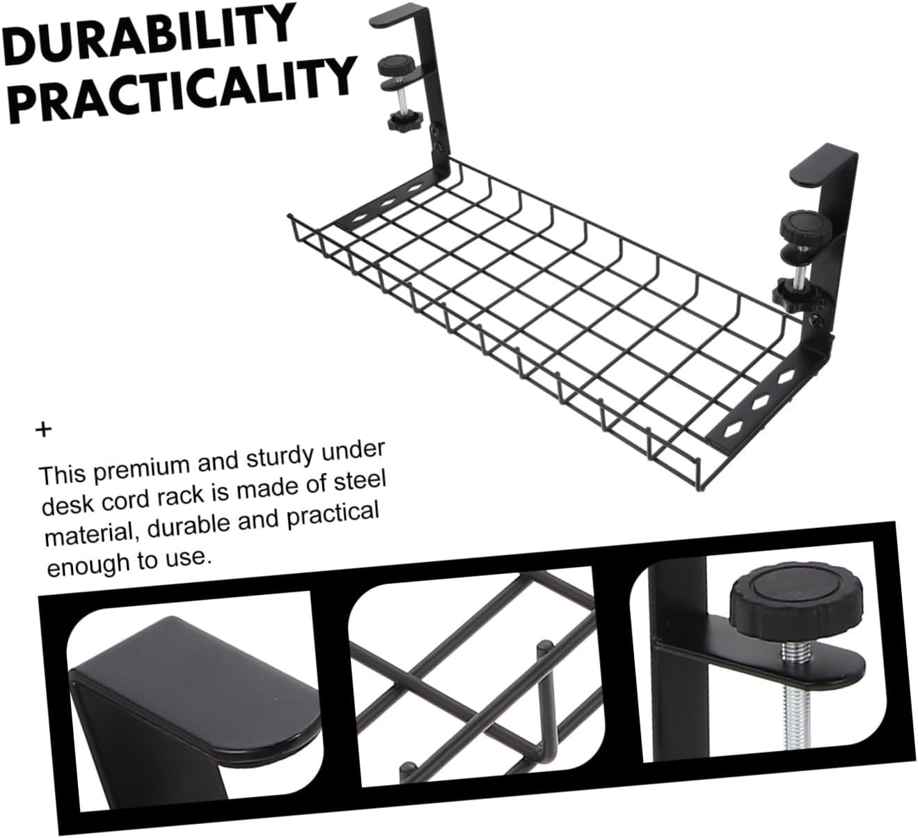FUOYLOO Desk Cable Management Rack No-Drill Cable Organizer Tray Black 500mm Large Capacity Cord Storage Holder for Office Home
