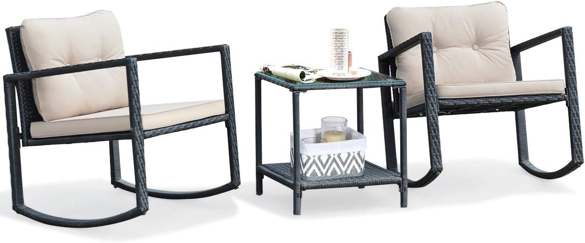 BestComfort 3 Pieces Rocking Bistro Sets, Wicker Patio Furniture Sets,Wicker Chairs with Tempered Glass Table