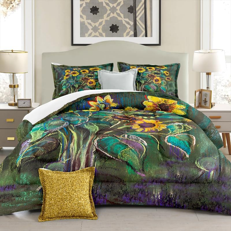 Daisy Comforter Set Queen Light Blue Spring Flowers 3 Pieces Microfiber Bedding Quilt for Couples Boys Girls Teens