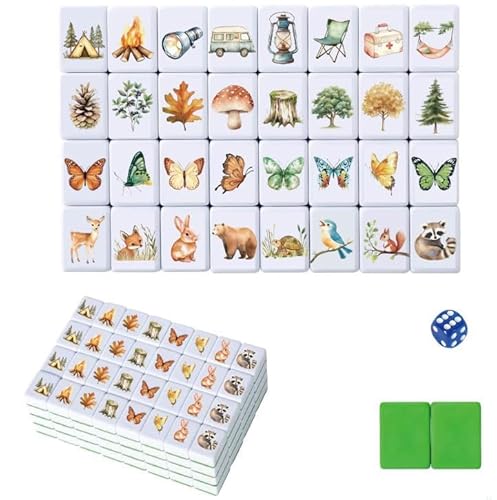 JarThenaAMCS 4 Players Mahjong Block Set 131 Pcs Seaside Escape Game Block Portable Camp Themed Birthday Party Game Set with Storage Bag for Party Tile Games