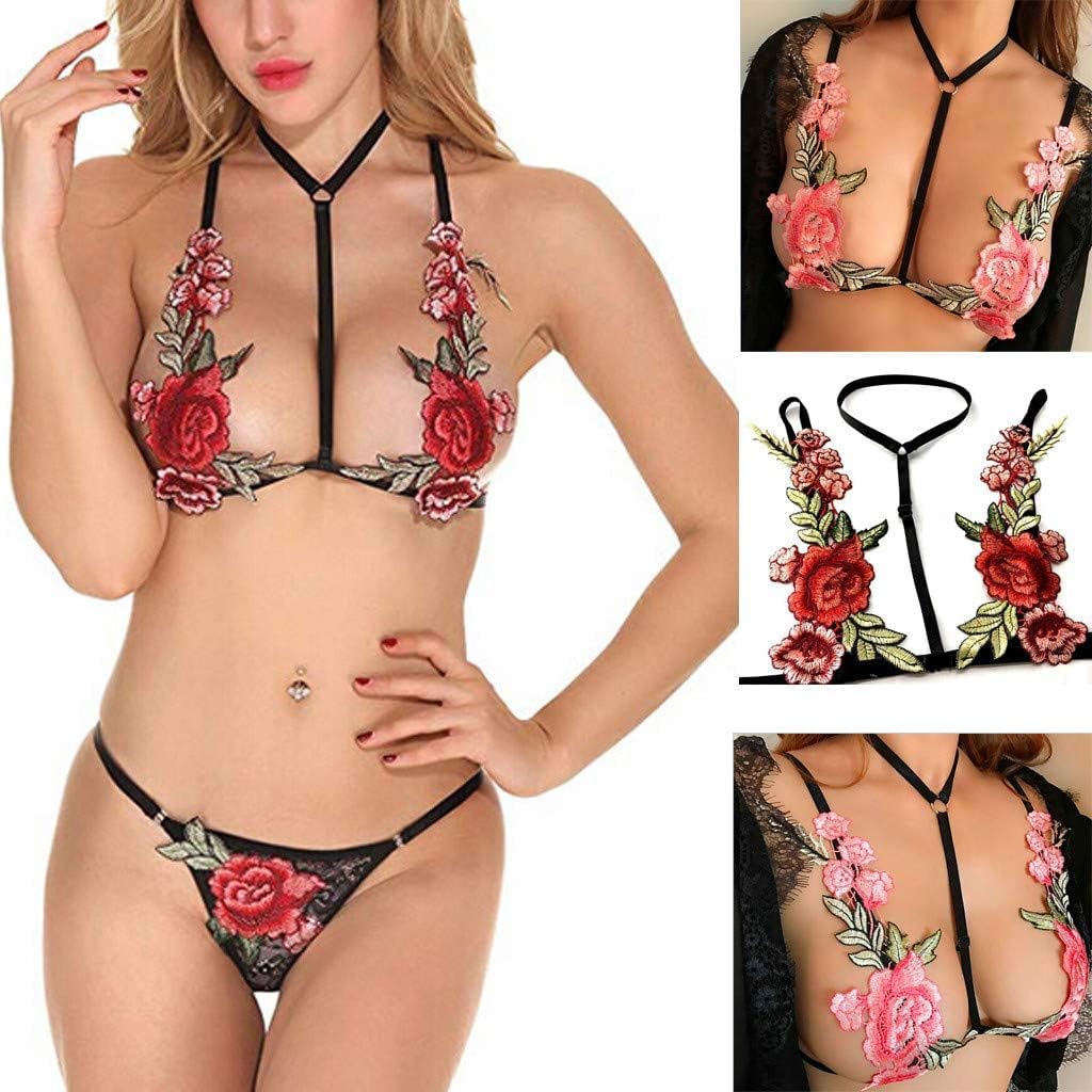 xivir Floral Embroidered Strappy Lingerie Set with Rose Applique, Black and Red, 2 Piece-picture-24