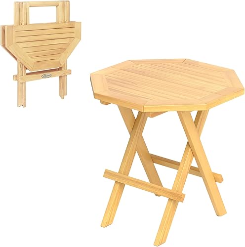 RELAX4LIFE Mesa auxiliar plegable para exteriores, mesa auxiliar de madera de teca, mesa auxiliar redonda para interiores con mesa de listones,