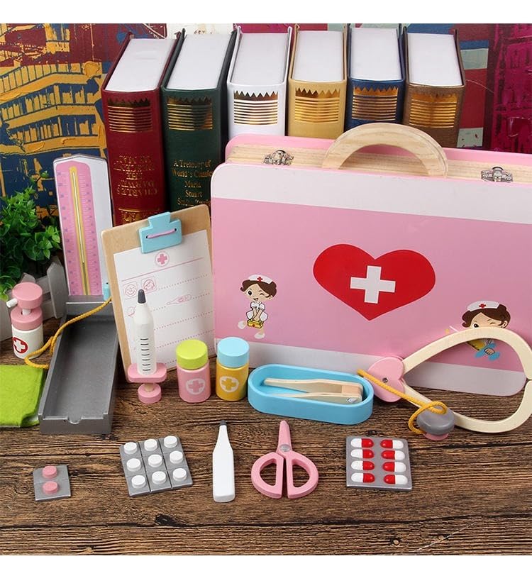 Image of Wooden Doctor Kit for Kids- Medical Kits Pretend Role Play Educational Toy with Storage Case for Kids Girls Boys (Pink)