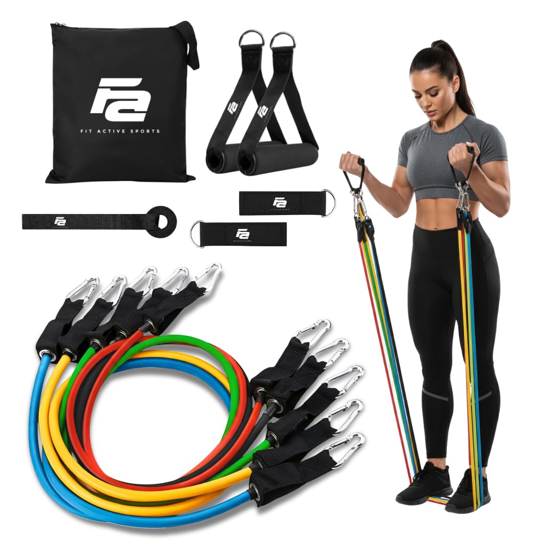 Fit Active Sports Zestaw taśm oporowych z uchwytami paski do kostki kotwica do drzwi wykres ćwiczeń i torba do noszenia doskonałe do wzmocnienia ciała wzmacniania mięśni stawów i więcej
