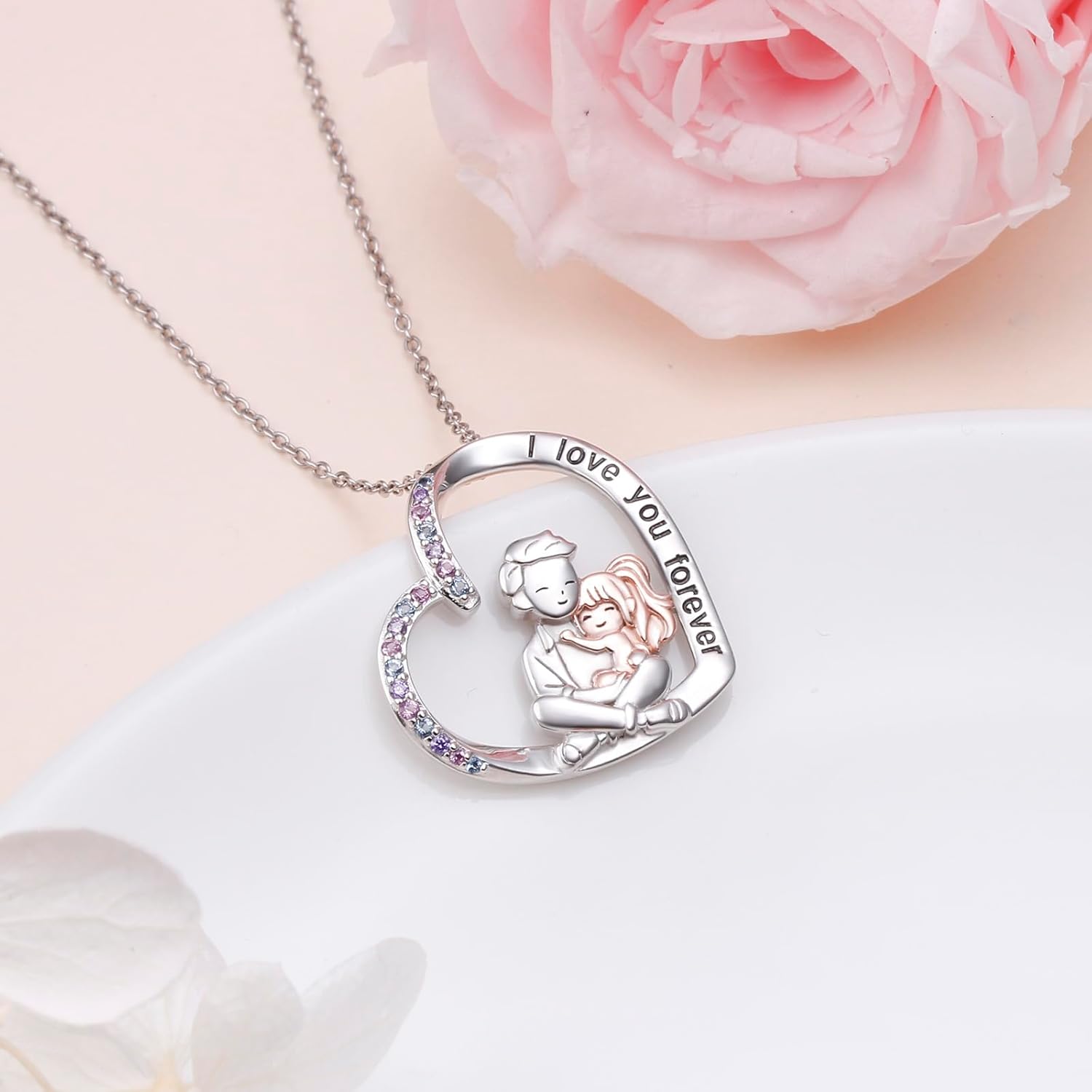 Father Daughter Necklaces 925 Sterling Silver Love Heart Pendant Necklace for Dad Birthday Jewelry for Father Daughter - Image 3