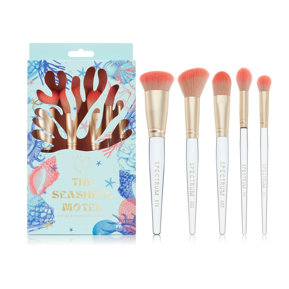 Spectrum Collections The Seashell Motel Make Up Brushes, Spectrum Makeup Brushes Set Including Face Brushes and Eye Brushes with Soft Synthetic Bristles, 5 Piece Makeup Brush Set