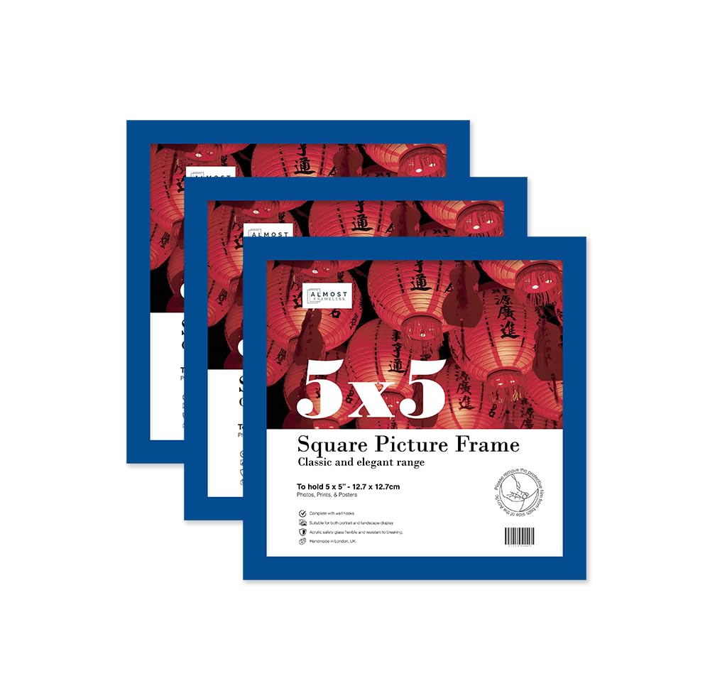 Almost Frameless 5x5 Blue Picture Frame Set of 3, Display 5x5 Picture Gallery Wall, Poster, Photo, Artwork, or Print, Blue