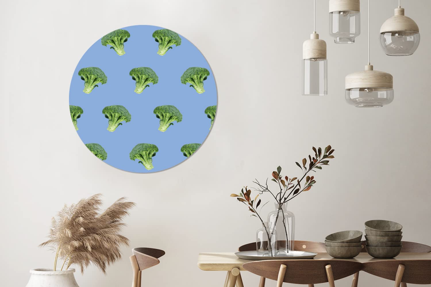Wandbild Rund Wanddeko Deko Wohnzimmer Bilder 90x90 cm Gemüse - Brokkoli - Muster