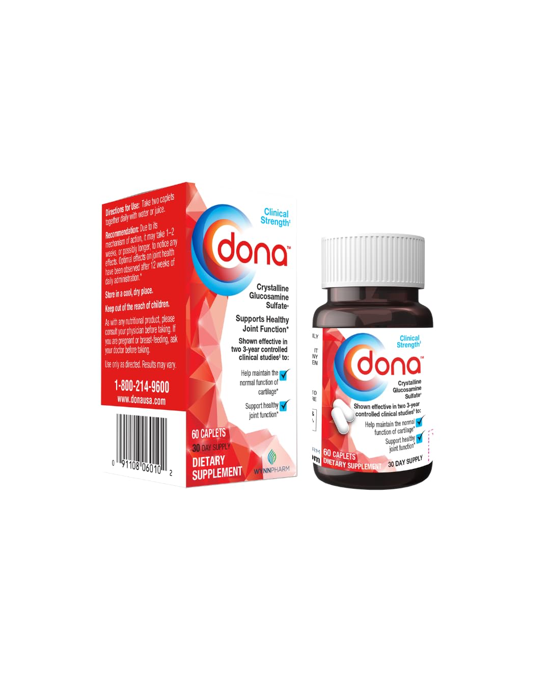 Dona Crystalline Glucosamine Sulfate, 1500 Mg, Joint Supplement Pills for Knee Comfort &amp; Joint Health Support, 1500 Mg, 60 Count