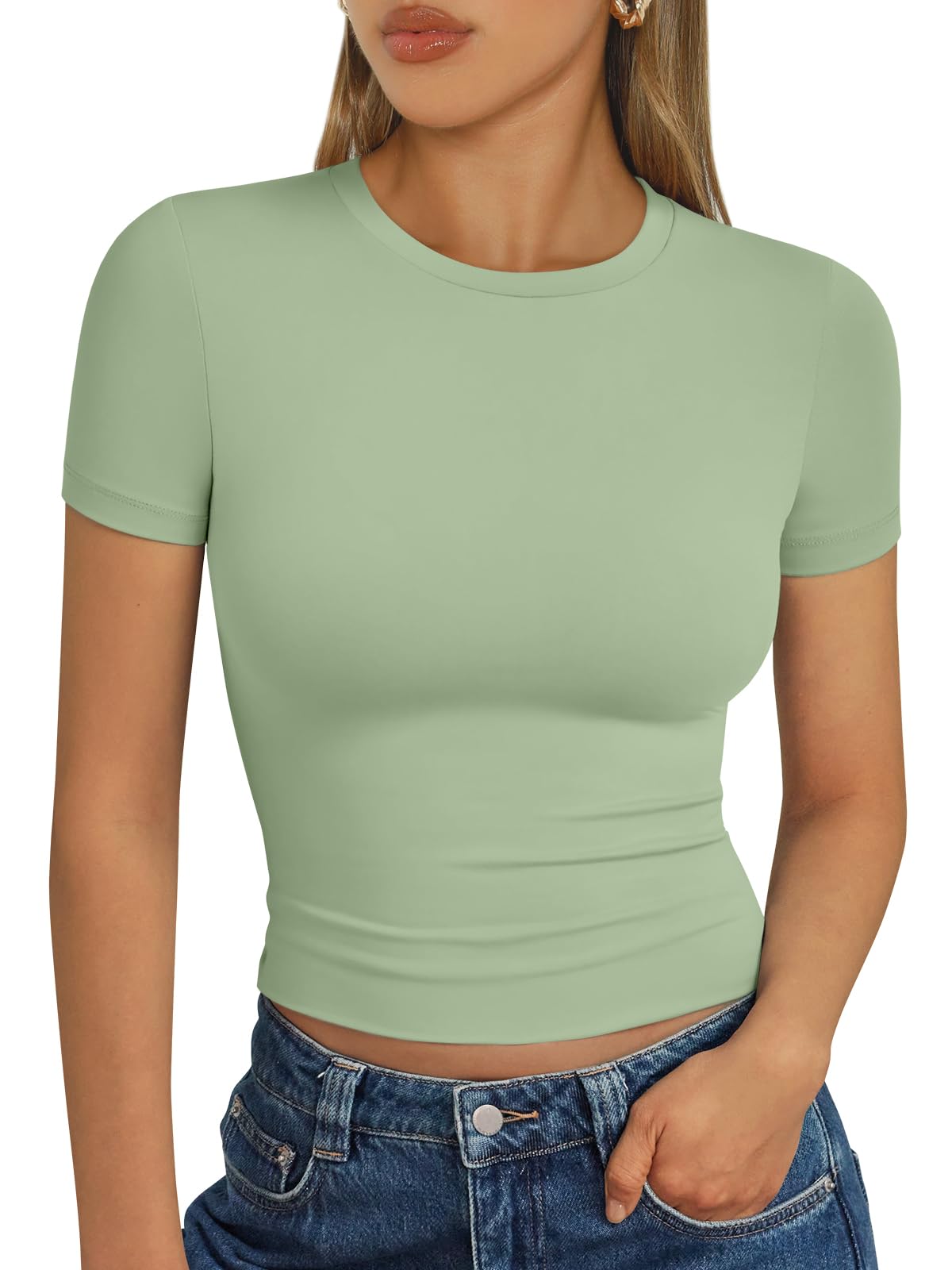 Trendy Queen Womens Basic T-Shirts Scoop Neck Short Sleeve Crop Tops Cute Summer Tops Slim Fit Tees Y2k Clothing