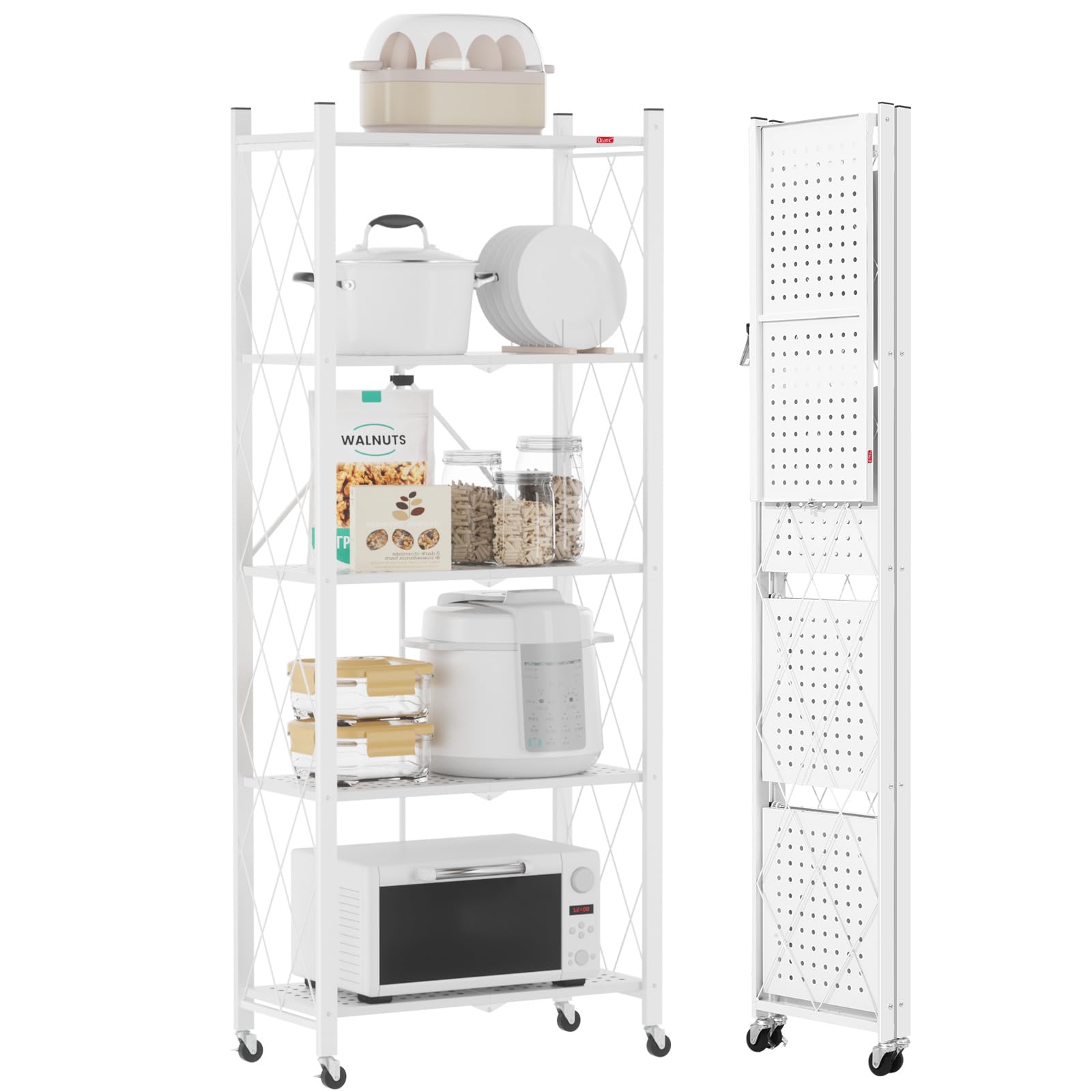 DEANIC Klappregal, 5 Regal Bücherregal, Küchenregale mit Rollen, Metallregal zur Aufbewahrung für Wohnzimmer, Speisekammer (61 x 147 x 28 cm, Weiß)