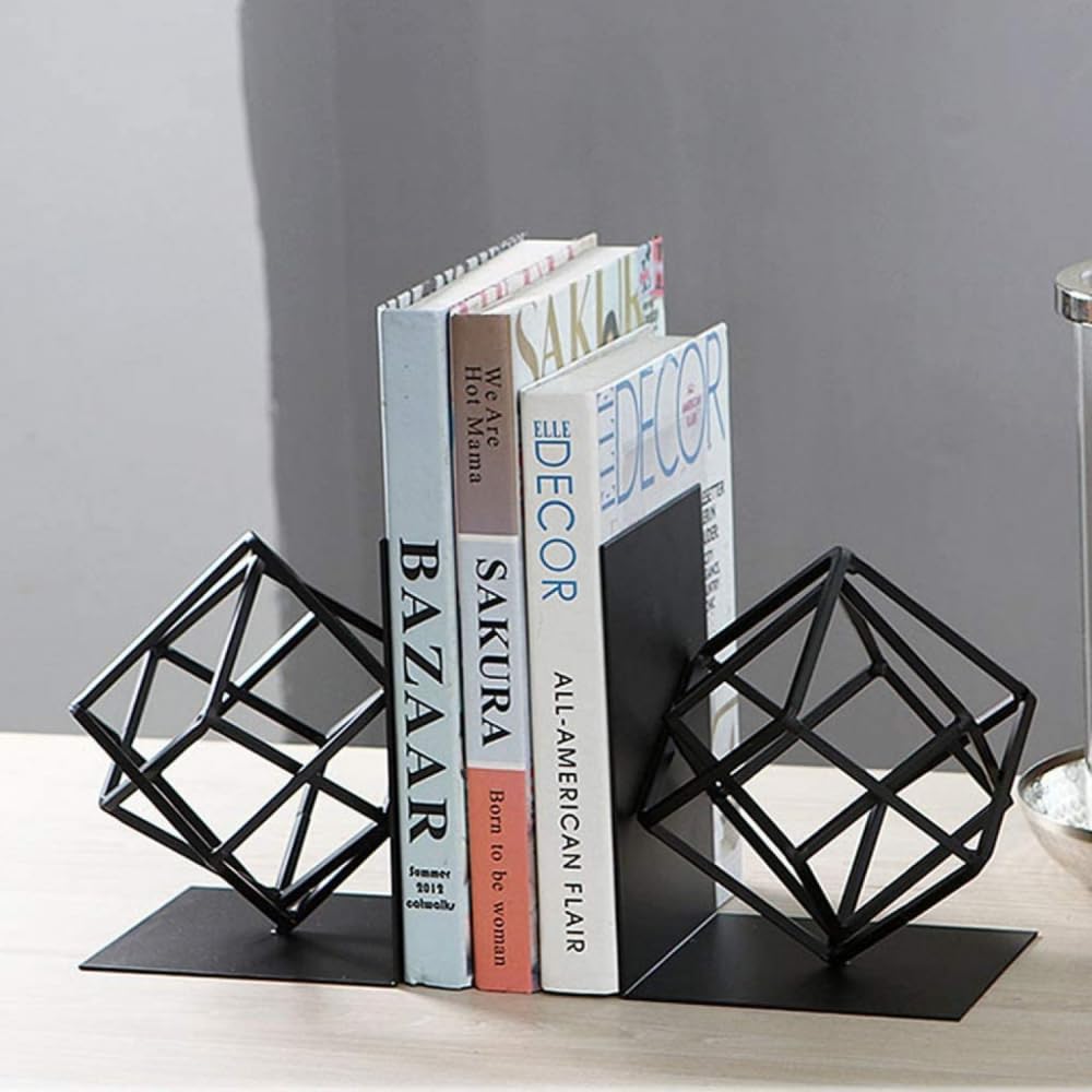 Buchstützen, einzigartiges geometrisches Design, Buchstützen, dekorative Buchstützen aus Metall, unterstützt 1 Paar (schwarz) Buchstützen für Regale