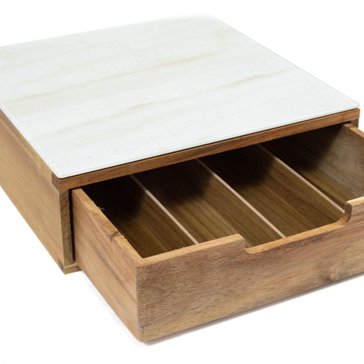 Portacapsule Bambù con Cassetto Ripiano Vetro Effetto Marmo Chiaro Scomparti Caffè Organizzatore 56 Capsule Capacità Contenitore Cialde Tisana Tè Bustine Zucchero Bicchierini 30 x 30 x 9,7 cm