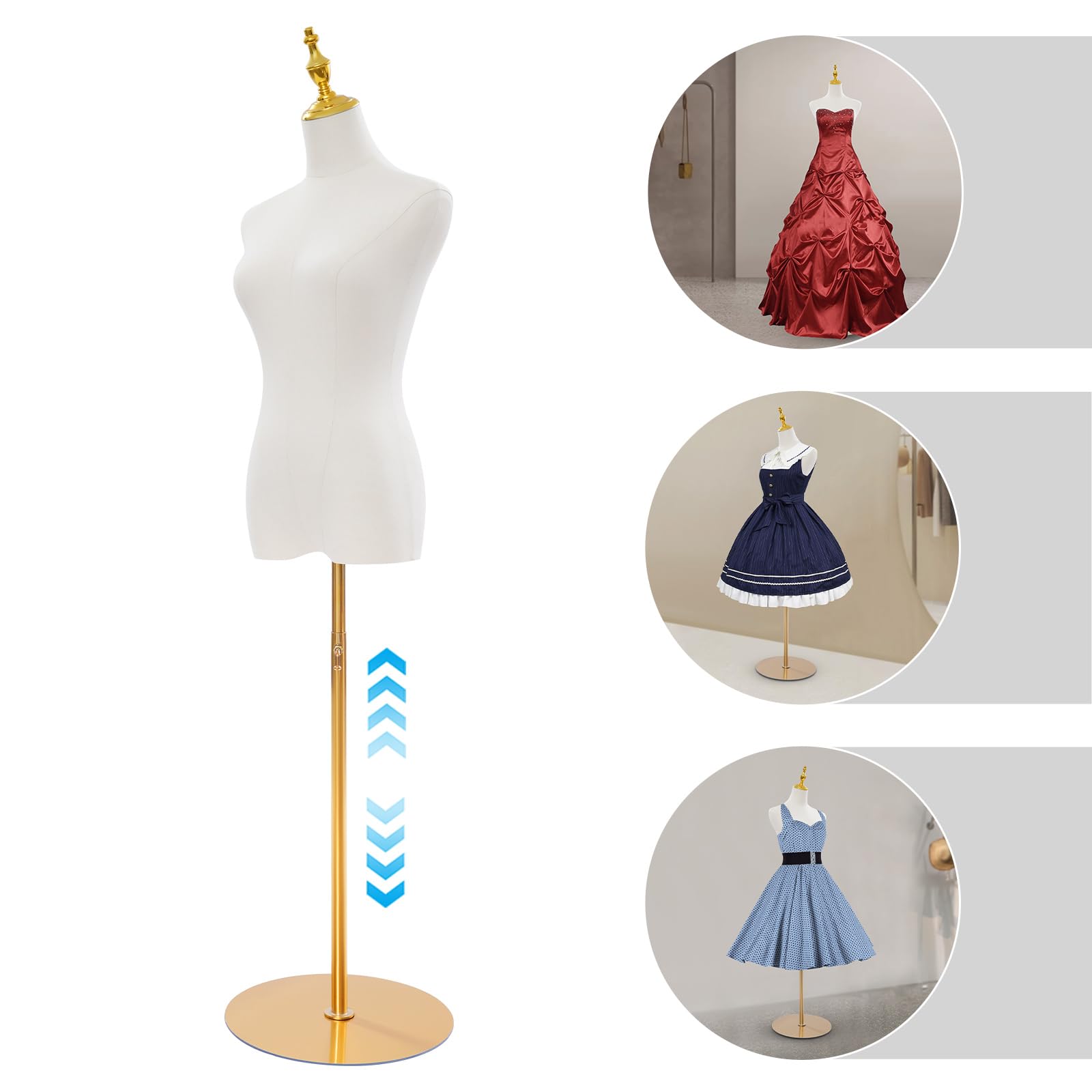 Manichino da sartoria, in plastica rigida, per negozi di abbigliamento, sartorie, grandi bancarelle, altezza regolabile 70-130 cm, oro e giallo