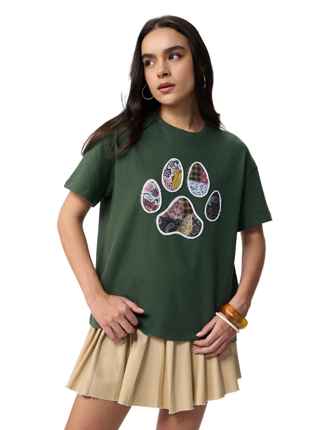 the souled store Pets On Prints: Women and Girls Short Sleeves Round Neck Dark Green Graphic Printed Cotton Lightweight Everyday Streetwear Oversized T-Shirt-picture-39