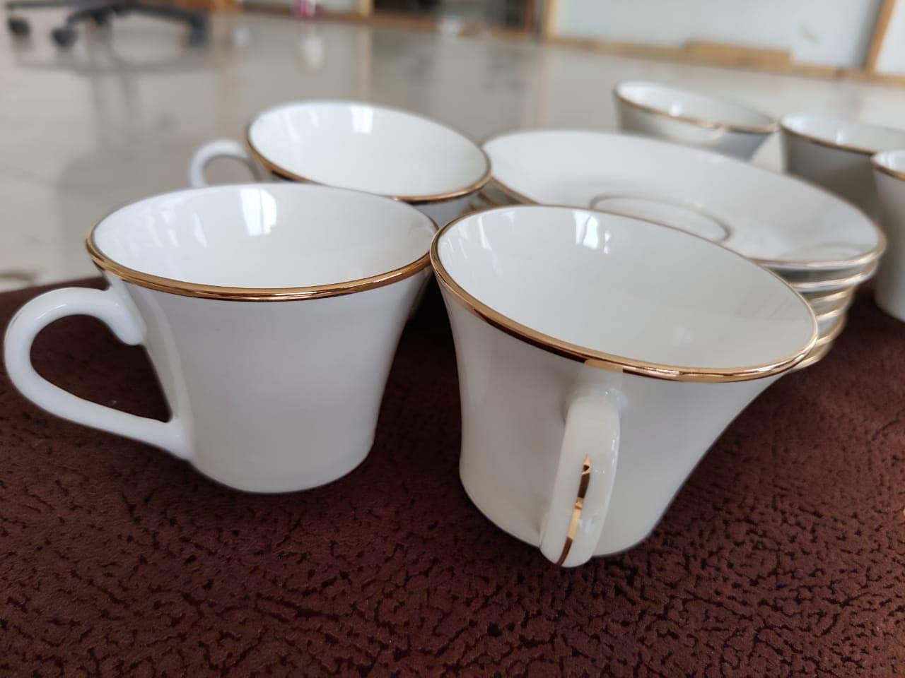 StancyKing Indian Ceramic Fine Bone China Gold Line Diamond Cut White Tea Cups, Mugs and Saucer-120 ml - Set of 6 (6 Cups, 6 Saucer) (Royal White Gold)