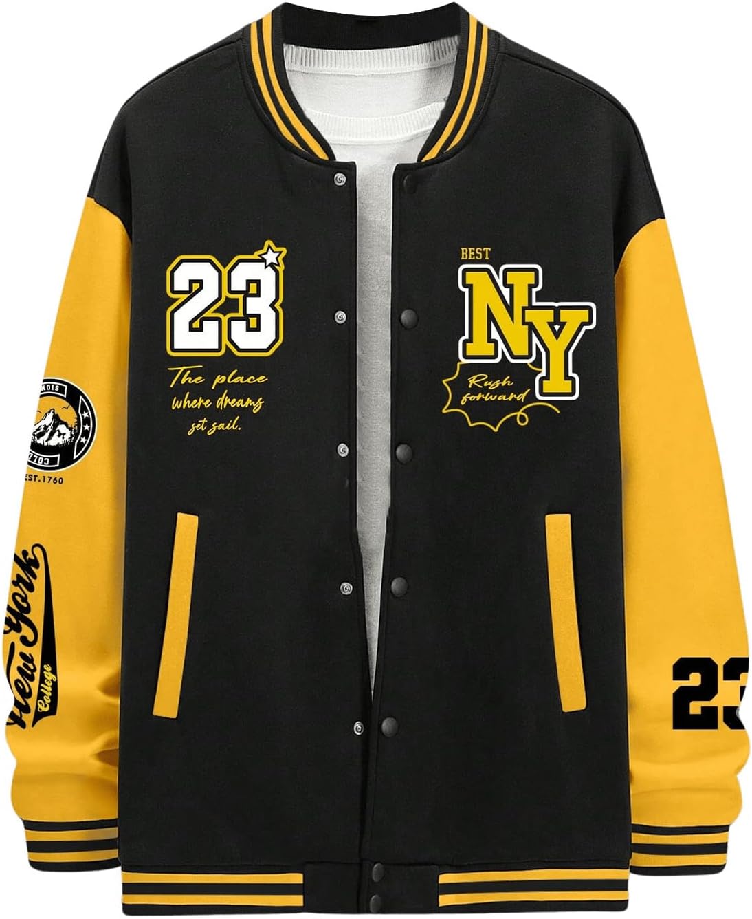 SOLY HUXMen's Graphic Varsity Jacket Color Block Letter Print Long Sleeve Oversized Baseball Jacket