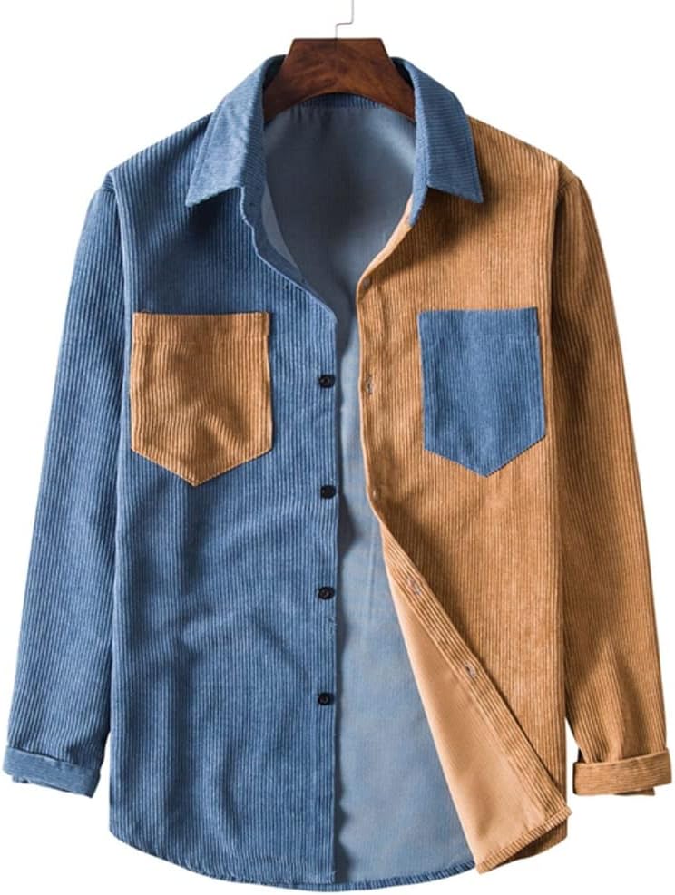 GDDZA ダブルポケットコーデュロイパッチワークシャツ男性秋の新カジュアルウォームjacktesシャツメンズ長袖洋風シャツ男性(E
