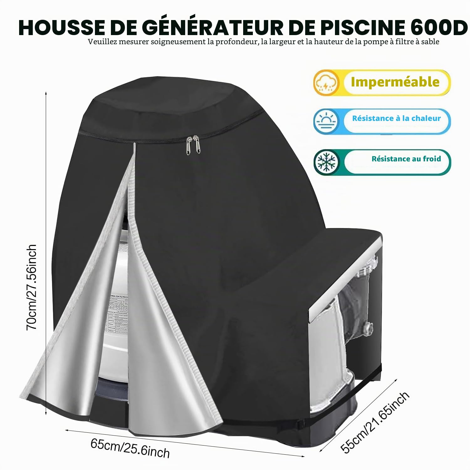 Housse de pompe de piscine, housse de pompe 600D pour pompe de piscine, housse de filtre à sable, housse de pompe de piscine 70 x 65 x 55 cm (noir)