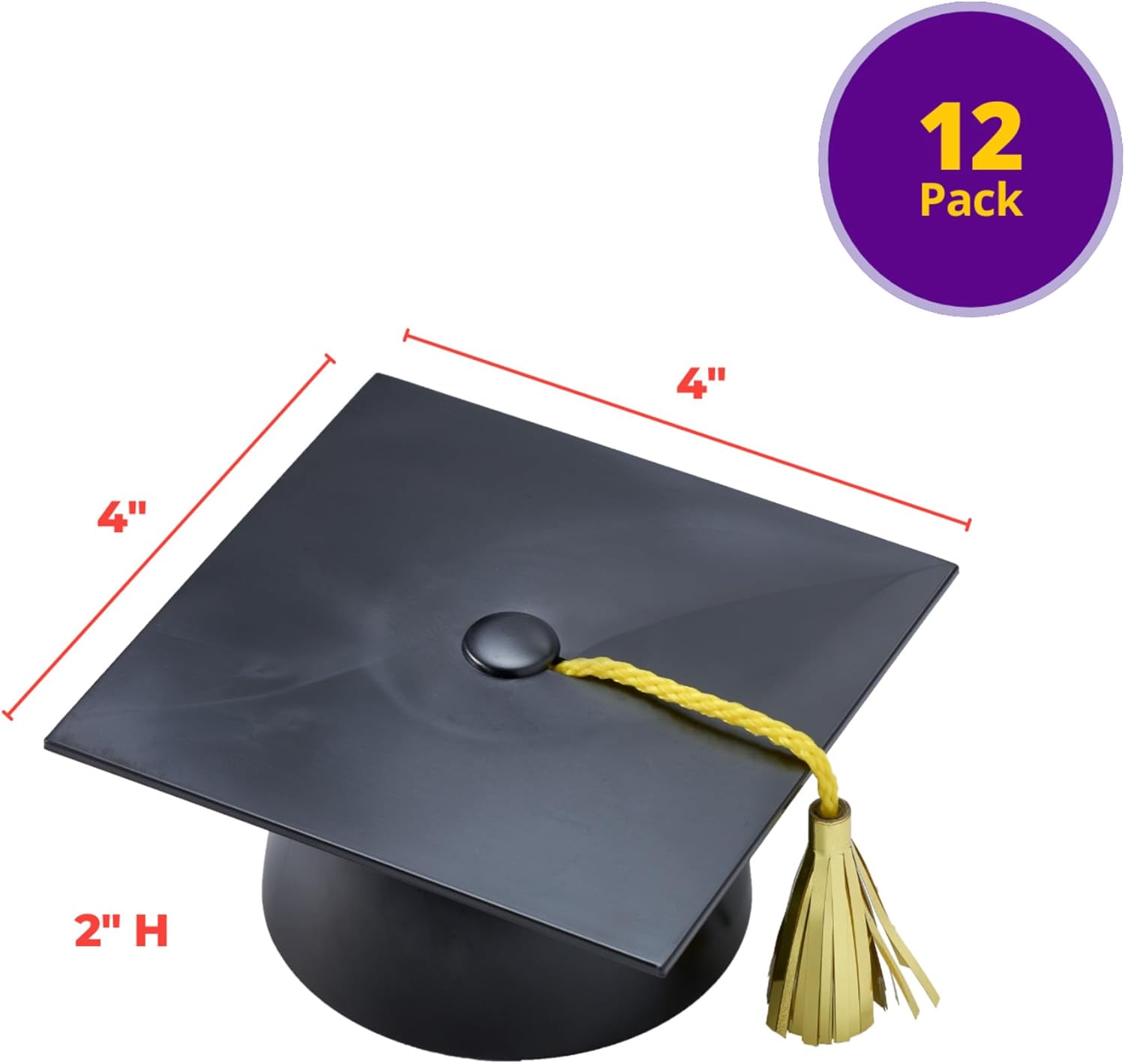 DecoPac Black Grad Cap with Tassels Cake Topper, Elegant Graduation Hat Cake Decoration, Food Safe, Pack of 12 (22422)