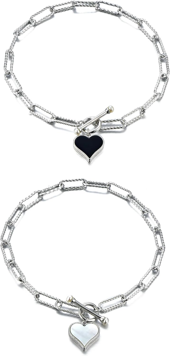 925 Sterling Silver Black Onyx & White Shell Heart Charm Toggle Bracelet for Women - Dainty Black Gemstone Charm Bracelet, Gift for Girlfriend, Wife