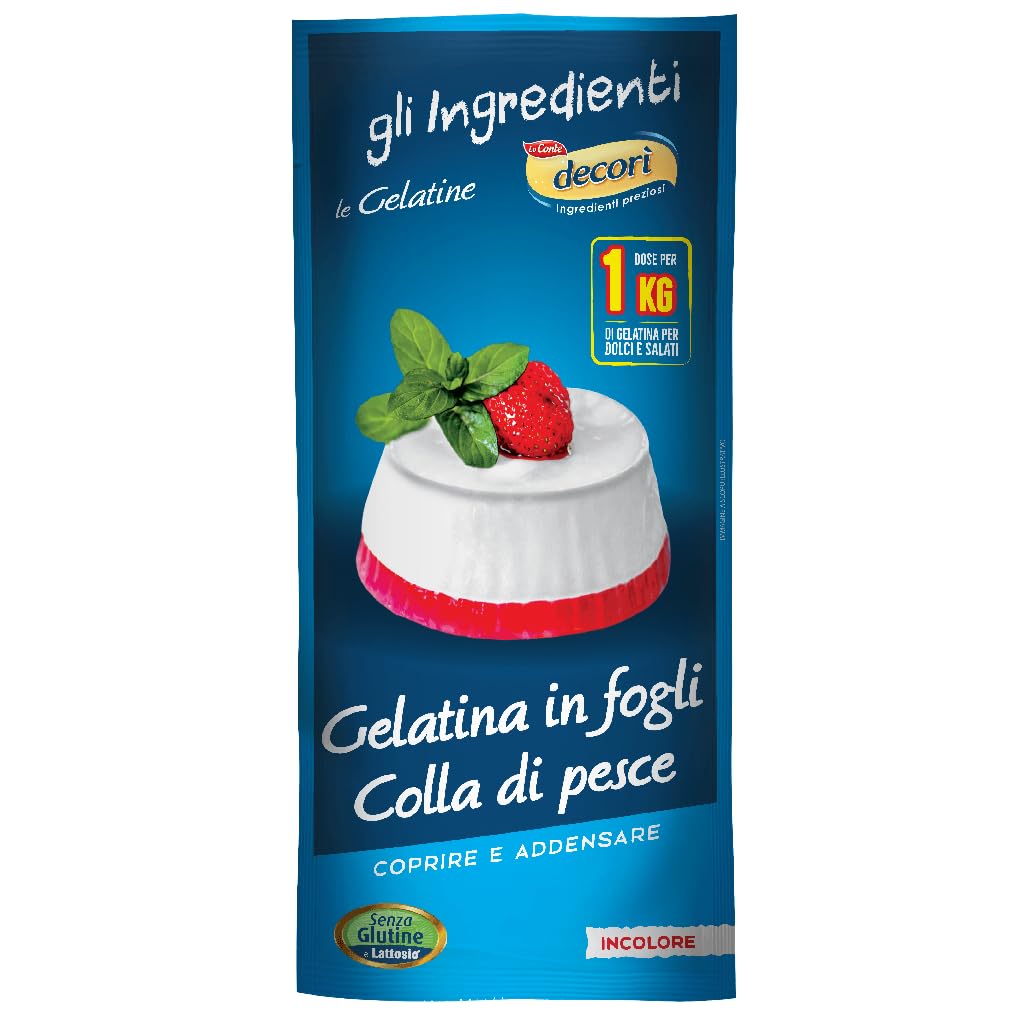 Decorì Colla di Pesce in Fogli, Gelatina Alimentare per Dolci e Salati, Addensante per Mousse, Cheesecake e Aspic, di Origine Suina, 30 Confezioni da 5 Fogli