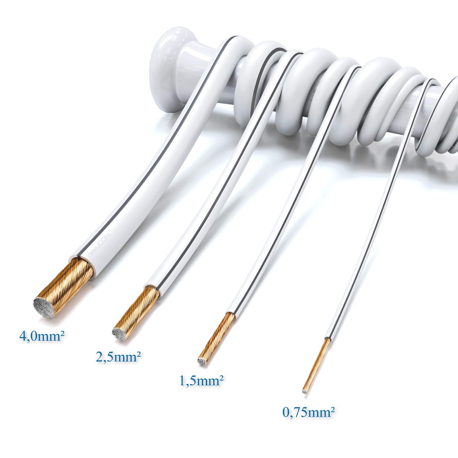 deleyCON 10m kabel głośnikowy box kabel 2x 0,75mm² aluminium powlekane miedzią oznaczenie biegunowości CCA 2x24x0,20mm linka BauPVO/CPR - biały