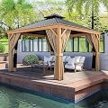 HAPPATIO 12' x 12' Hardtop Gazebo, Outdoor Wood Grain Frame Aluminum Gazebo, Double Roof Permanent Patio Gazebo Canopy with Netting and Curtains for Garden, Patio, Lawns, Parties (Beige)