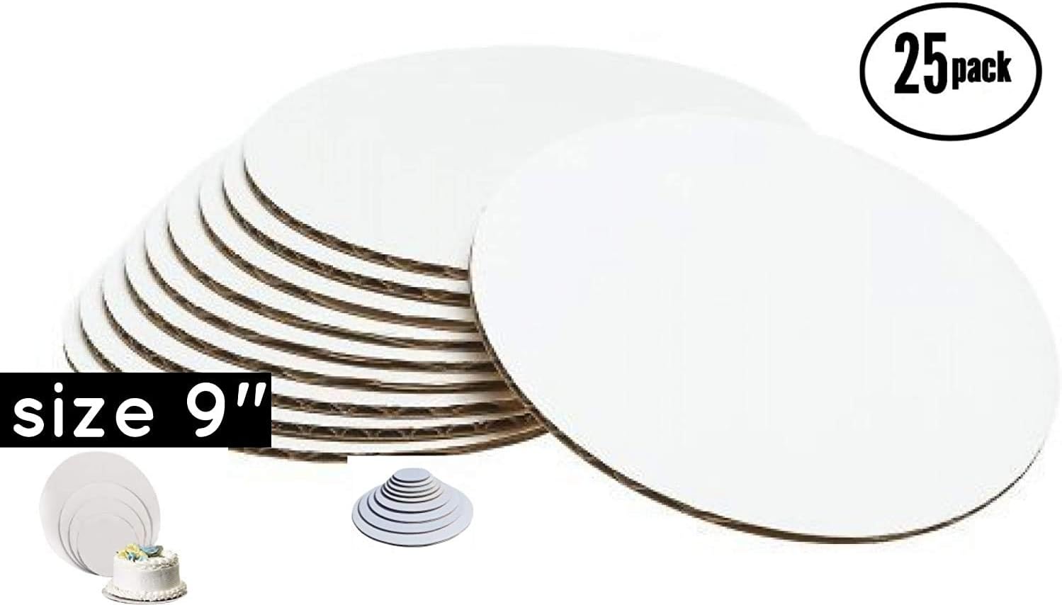 9 Inch Cake Circles – Pack of 25 Round Cardboard Cake Boards, White Corrugated, Sturdy & Greaseproof, 100% Food Safe – Cake Pads for Cakes, Pies, Pizza, Bakery & Decorating
