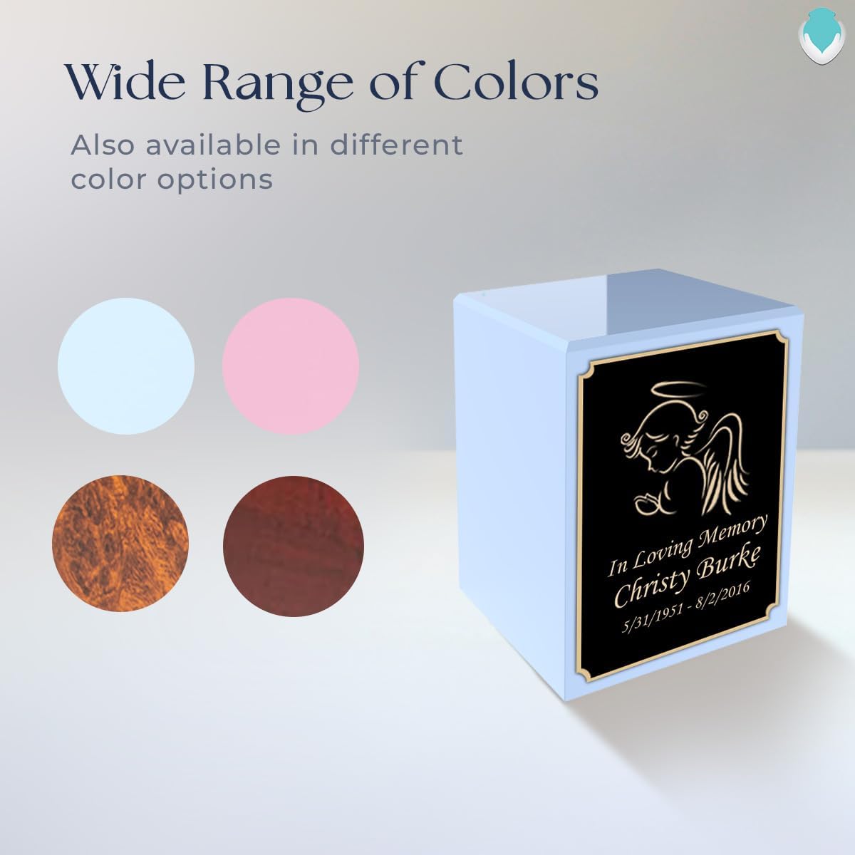 GetUrns Custom Angel Small Urn Box for Human Ashes I Personalized Wooden Keepsake Cremation Urn for Male or Female I Light Blue Memorial Box I 40lbs