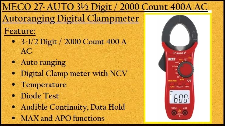 Image of Hty MECO Instrument 27 Auto BL 600A AC Auto Ranging 3 Digit 2000 Counts Temp Digital Clamp Meter Digital Multimeter (Red 2000 Counts)