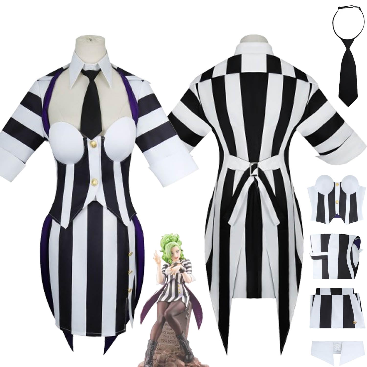 bbganlian Horror Movie B'eetle J'uice Cosplay Costume Outfit Black White Striped Uniform Full Set Halloween Dress Up Suit