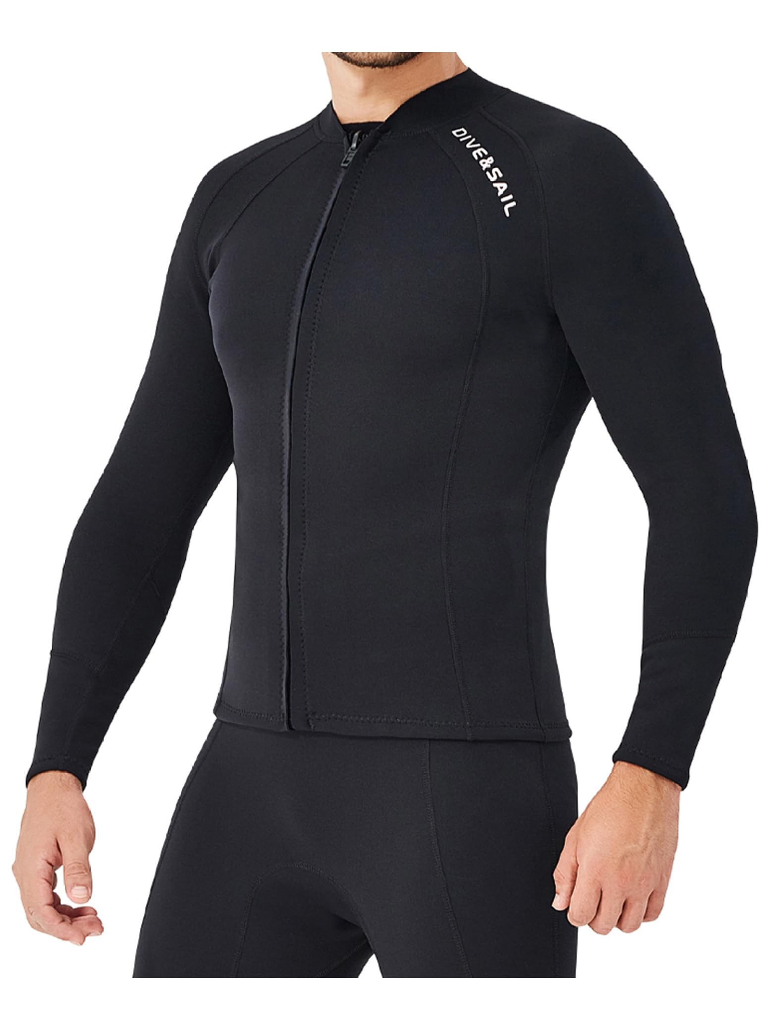 Traje de neopreno para hombre Parte superior de manga larga 2 mm con cremallera frontal para buceo, surf, deportes acuáticos Negro