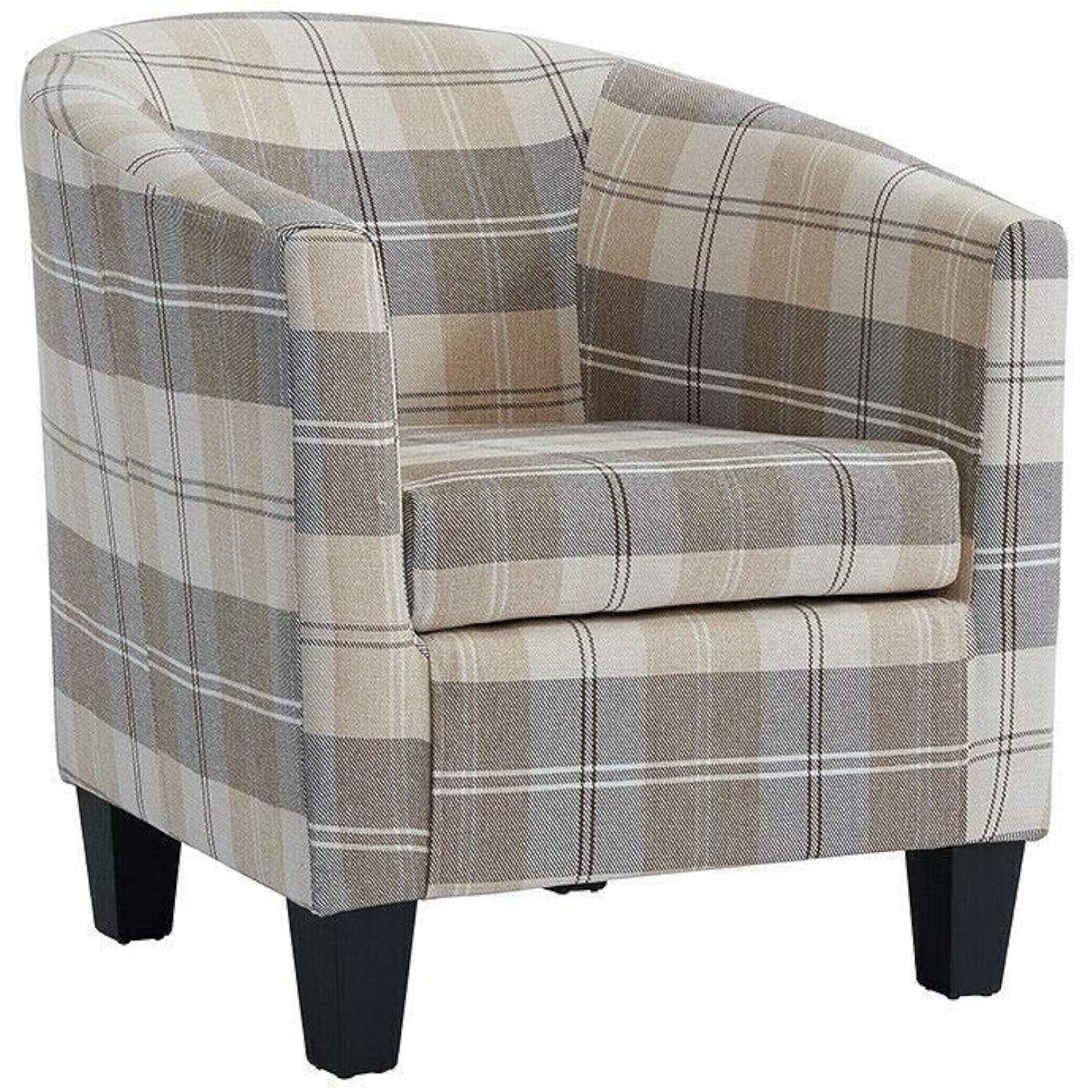 Modern Tartan Fabric Tub Chair Beige or Grey Armchair Occasional Accent