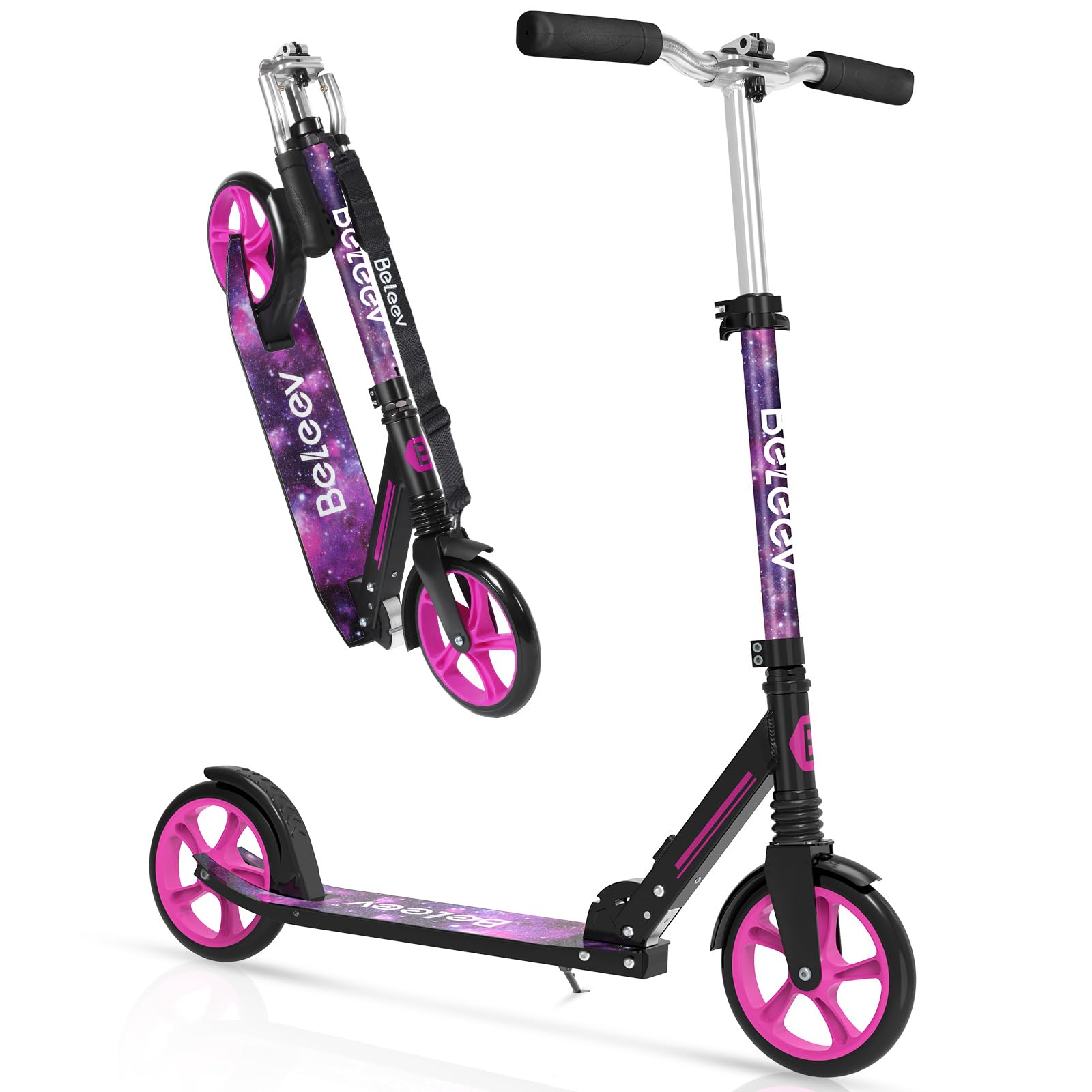 BELEEV Scooter for Kids Ages 6+, 200mm Big Wheel Adult Scooters for Boys and Girls, 4 Adjustable Handlebar, Front Suspension, 2 Wheels Scooter with Carry Strap, up to 100Kg