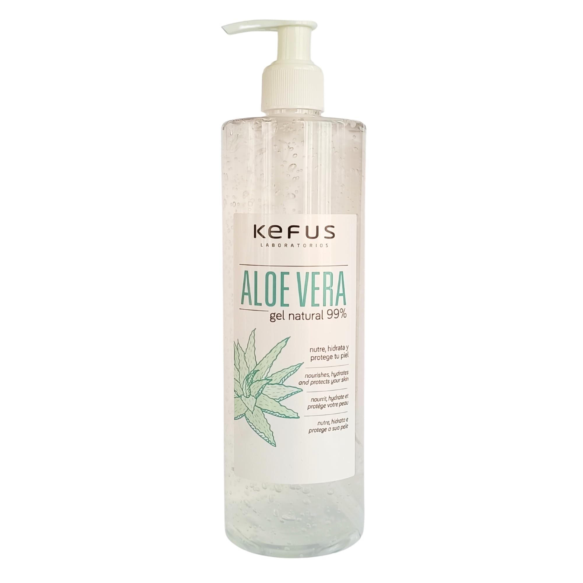 KEFUS Aloe Vera gel pur naturel 500 ml. Absorption immédiate et agréable texture non grasse. Nourrit, hydrate, rafraîchit et soigne la peau. Après-soleil. Afersun