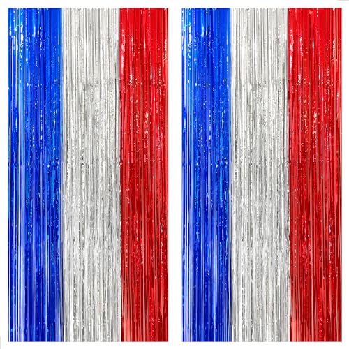 Image of KatchOn, XtraLarge Red White and Blue Streamers - 3.2x8 Feet, Pack of 2 | Red, White and Blue Decoration, Foil Fringe Backdrop Curtains, Tinsel Streamers Party Decorations for Patriotic Decorations