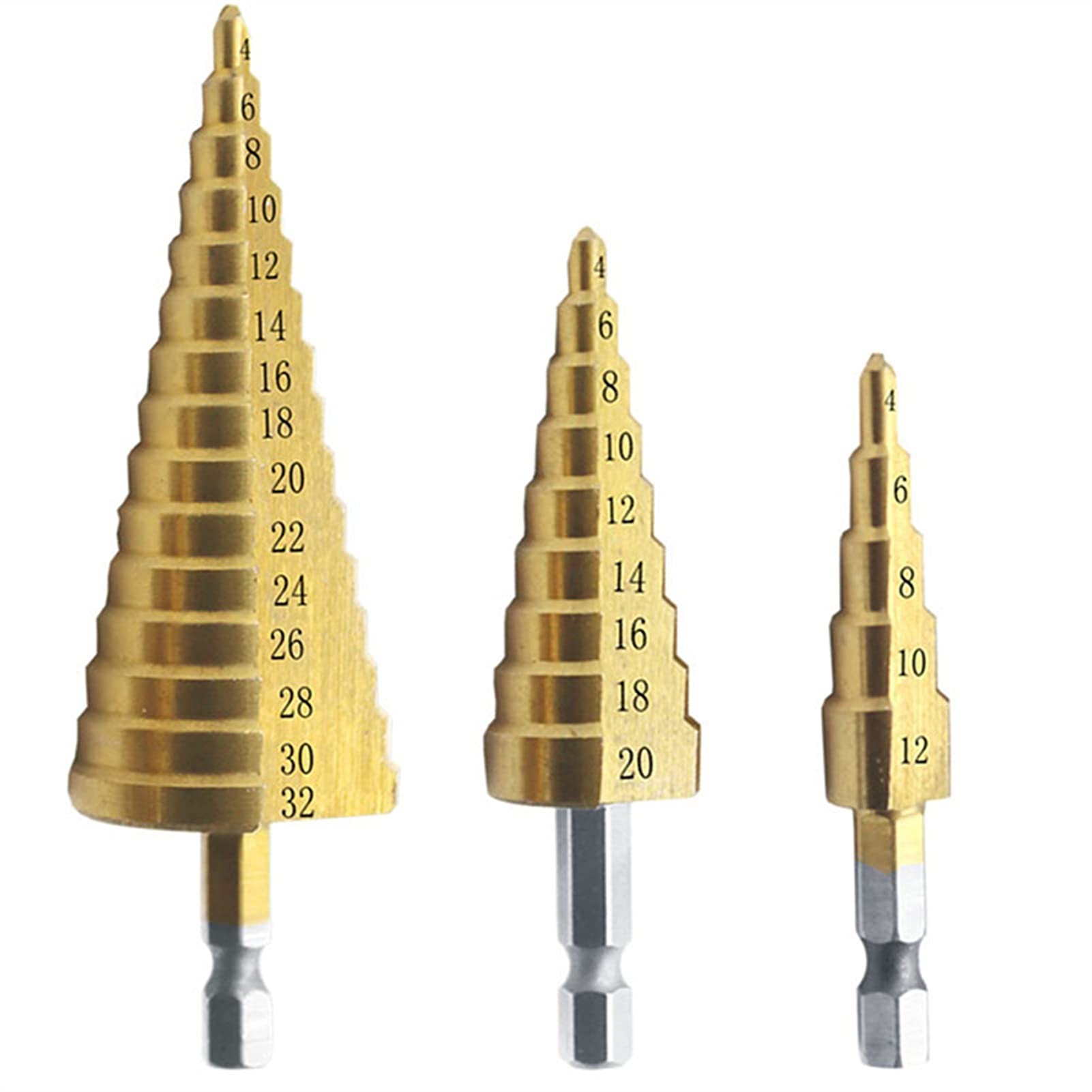 Set di punte per trapano industriali, facili da installare e da usare, 4-12/20/32 mm, 3 pezzi, punte per trapano a gradini in titanio HSS e acciaio