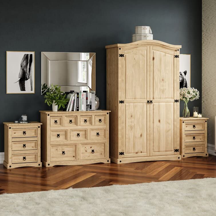 Vida Designs Corona Solid Pine Wood Bedroom Furniture Sets 4 Piece Bedside Cabinet, Chest Of Drawer & Wardrobe (9D Chest, 3D Bedside x2 & 2D Wardrobe)