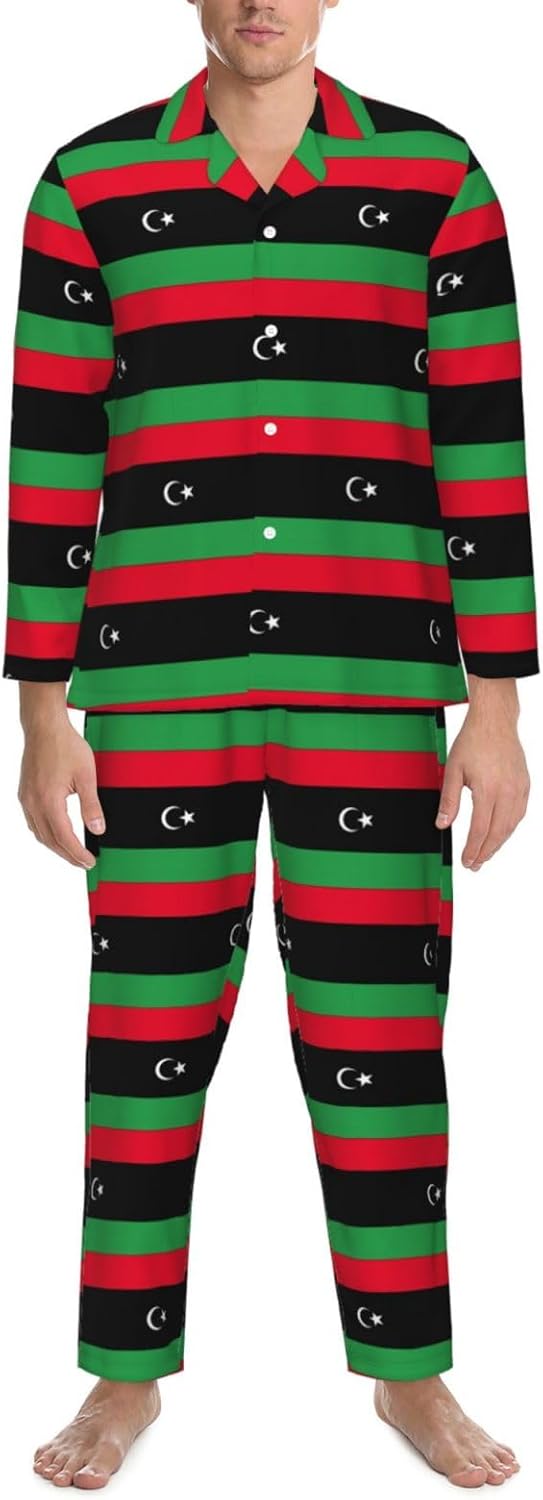 Libyan Flag Print Luxurious Mens Pajamas Set,Soft Breathable Pajamas, Perfect For Winter Christmas
