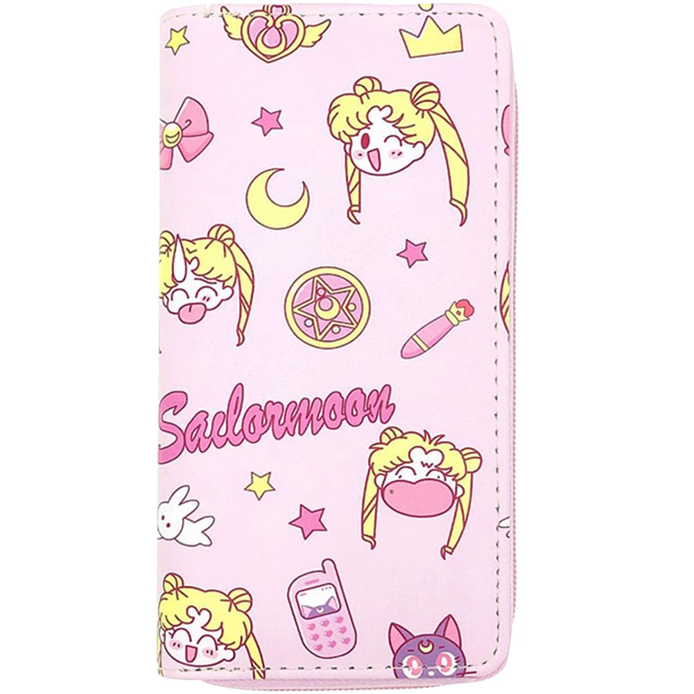 LKNBIF Sailor Moon Wallet, Sailor Moon Kawaii Pink Wallet Pouch, Cartoon Design Long Wallet Pu Leather Wallet for Girls, Anime Wallet Zipper Long Clutch Bag Credit Card Holder Purse with Coin Pocket