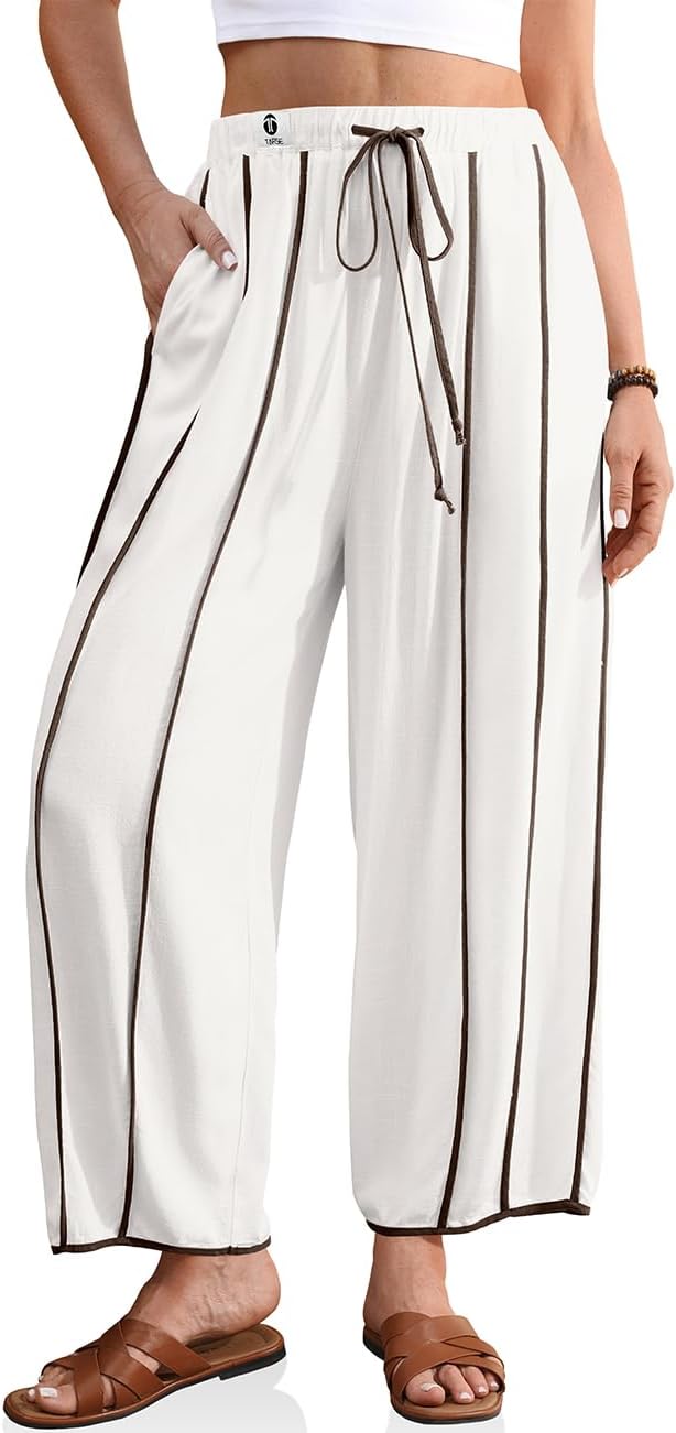 TARSE Womens Linen Harem Pants Loose Casual Wide Leg Summer Boho Beach Travel Vacation Palazzo Pants with Pockets