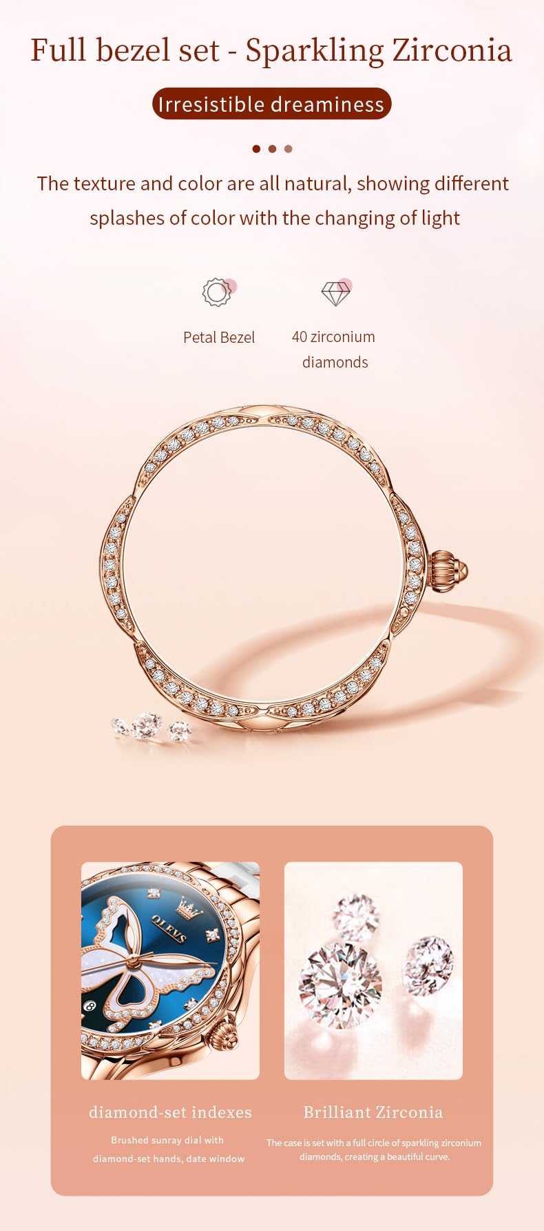 OLEVS Damen-Diamantuhr Elegante Luxus-Armbanduhr Damenuhr aus Roségold mit Keramikglas