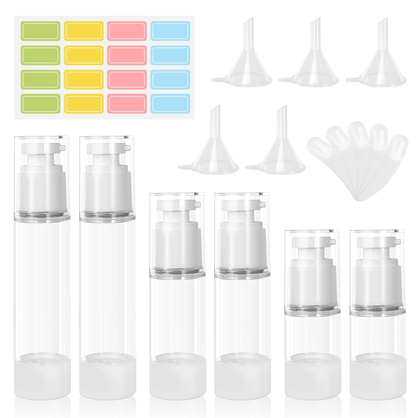 Airless dozownik z pompką, 6 sztuk, 15 ml/30 ml/50 ml, pusta, próżniowe butelki podróżne do napełniania z naklejką, szpatułka, do podróży, balsamów, szamponów, kosmetyków