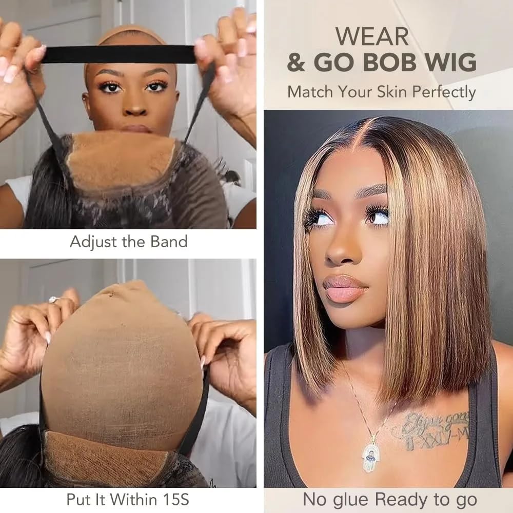 Highlight 4/27 Honey Blonde Wear and Go Glueless Bob Wig Human Hair 5x5 Hd Lace Closure Wigs 12 Inch 200 Density Straight Ombre Brown Bob Lace Front Wig No Glue Pre Plucked Baby Hair for Women