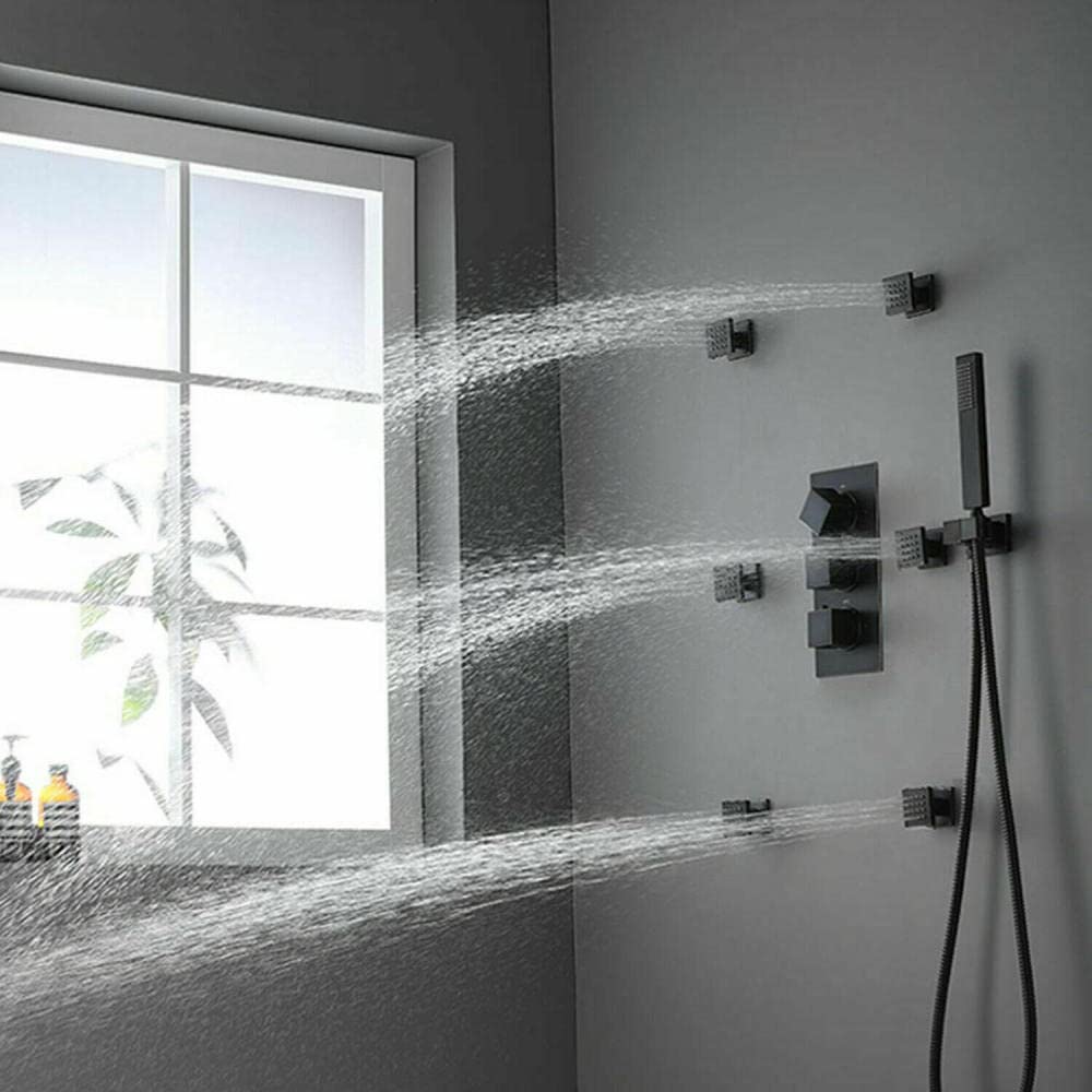 Set Doccia termostatico con Sistema di Massaggio a Pioggia a LED, Montaggio a Parete, Rubinetto Nero, 8 Pollici