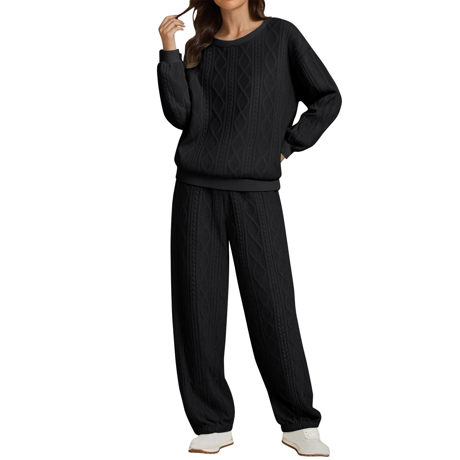 Conjunto de chándal para mujer, sudadera y pantalones deportivos de punto trenzado con cuello redondo y pantalones deportivos, ropa de descanso, ropa de gimnasio, entrenamiento, conjunto de 2 piezas