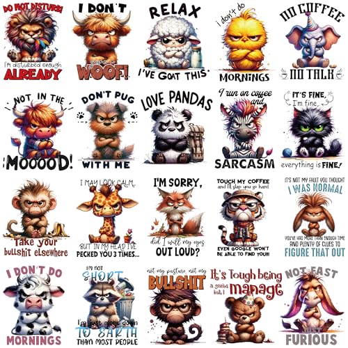 Dazoratix Animals Iron on Transfers - 20 Sheets Cute Cartoon Animal Heat Transfer Design Stickers Funny Ready to Press Sarcastic Angry Decals for T-Shirts Women Clothing DIY Crafts Pillow Decorations